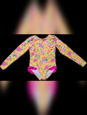 Size 6 Yellow/Pink Floral One-Piece Swimsuit with Pink Ruffle and Bow